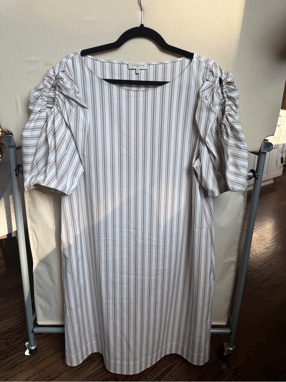 Lafayette 148 New York Beige & White Striped Puff-Sleeve Midi Dress